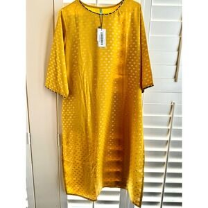 Janasya Mustard Yellow Gold Foil Kurta Pant Set Indian Ethnic Wear 3XL NEW